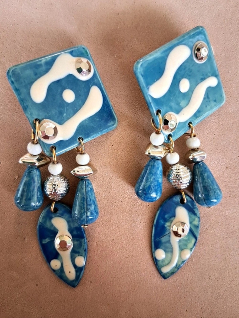Vintage Blue & White Statement Clip-On Earrings